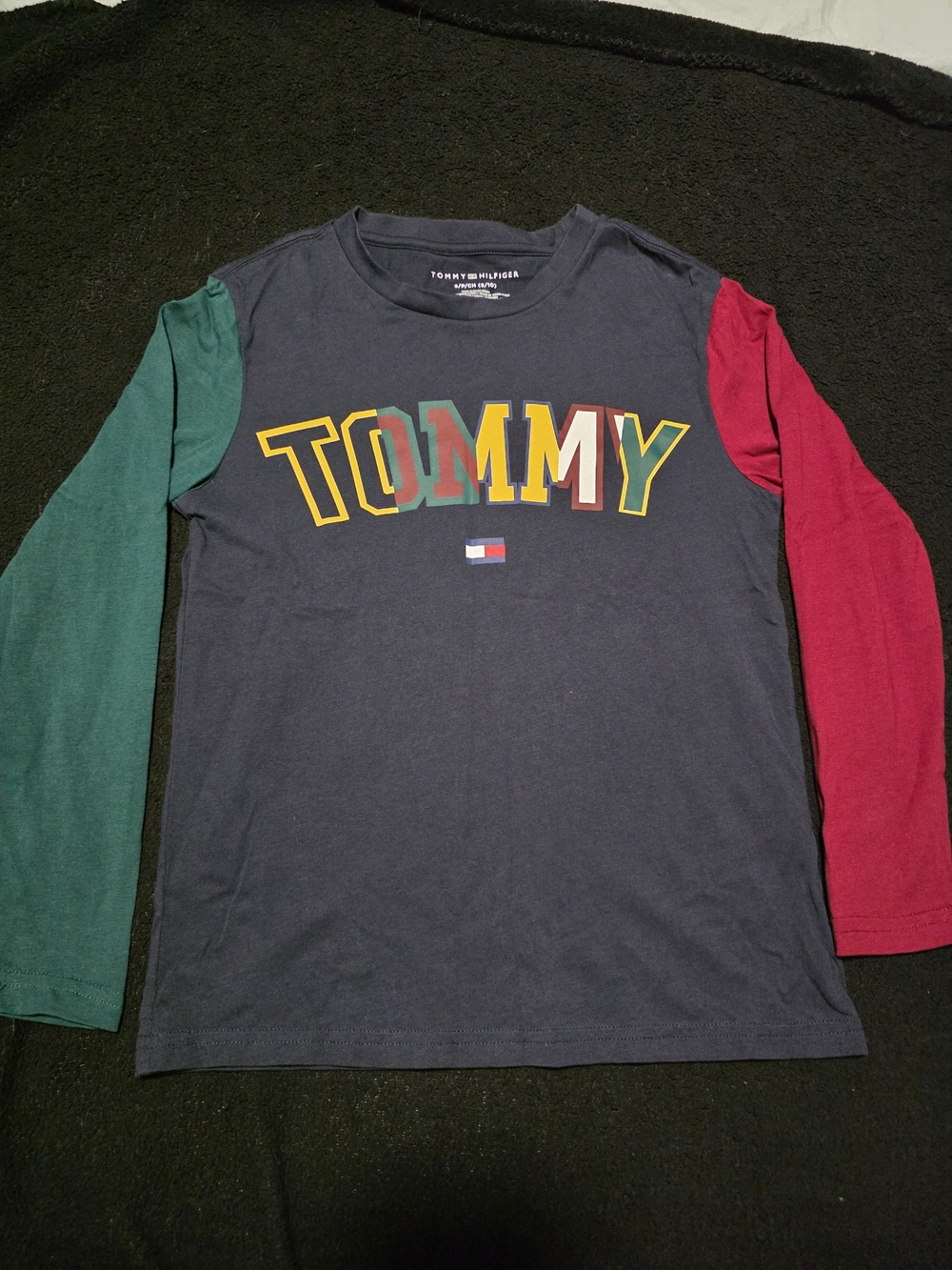 Tommy Hilfiger Kids Navy Long Sleeve Colorblock Tee with Green and Red Sleeves